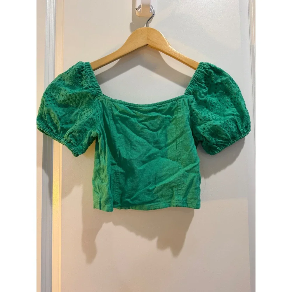 Old Navy Girl Green Eyelet Puff Sleeve Smocked Crop Top Size L 10-12 Linen Blend
